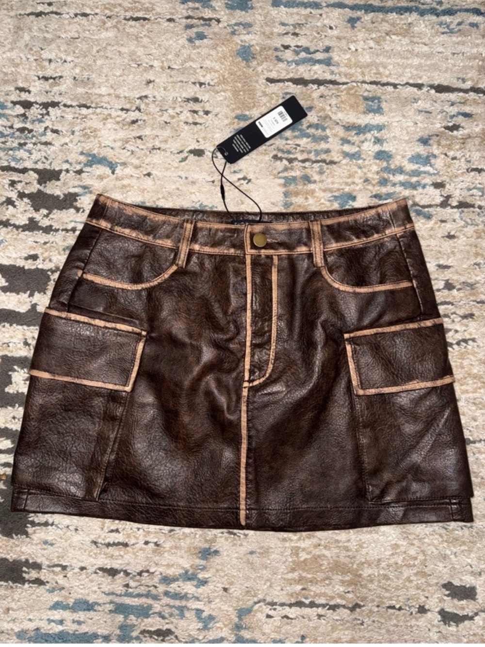 Fashion Nova Dark Brown Faux Leather Mini Skirt with Contrast Trim